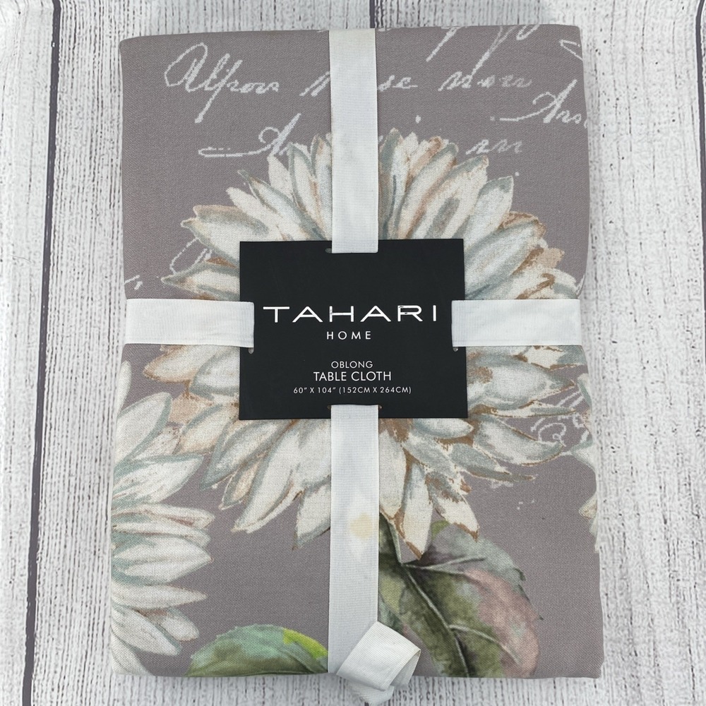 Tahari Tablecloth 60x104 Gray White Sunflower Script Floral Spring Summer